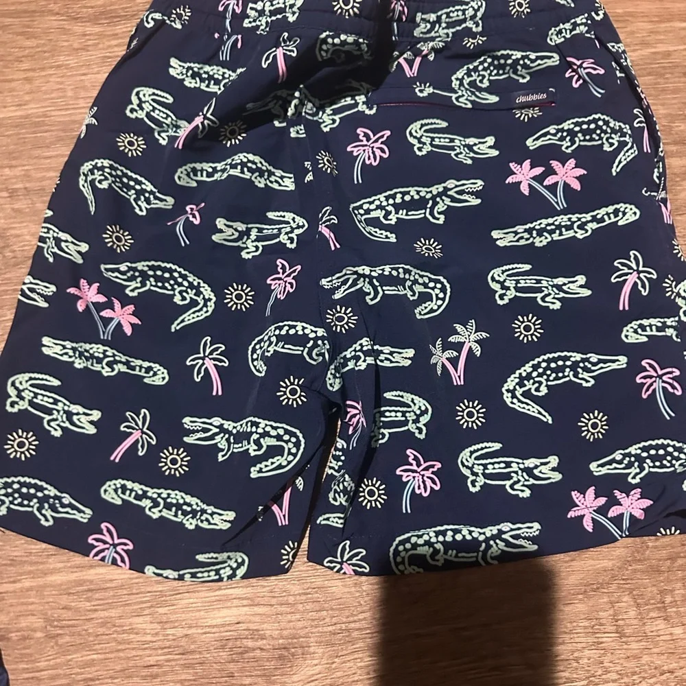 chubbies Navy Swim Trunks and shirt with Mint & Pink Alligator Print